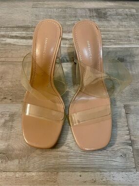 Zara Clear Strap Nude Square Toe Slide Heels
